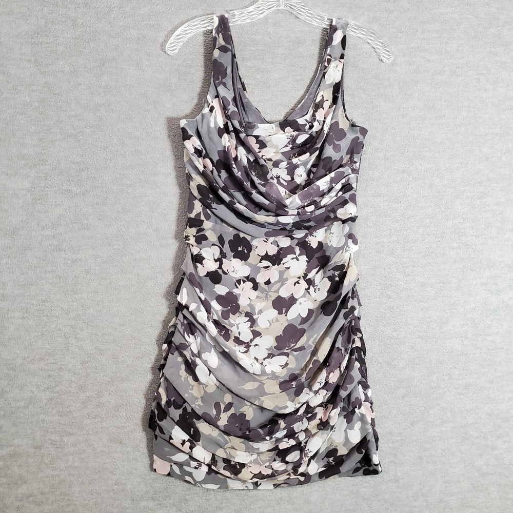 Express Women Dress 4 Gray Floral Mini Bodycon Faux Wrap Ruched Sleeveless READ